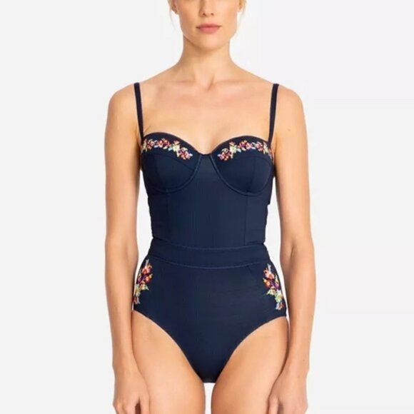 New Johnny Was Golda Corset Floral Embroidered Print Underwire Swimsuit NWT XS